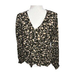 OLD NAVY Womens Blouse Top V-Neck Henley Front Long Sleeve Black Floral Size Med